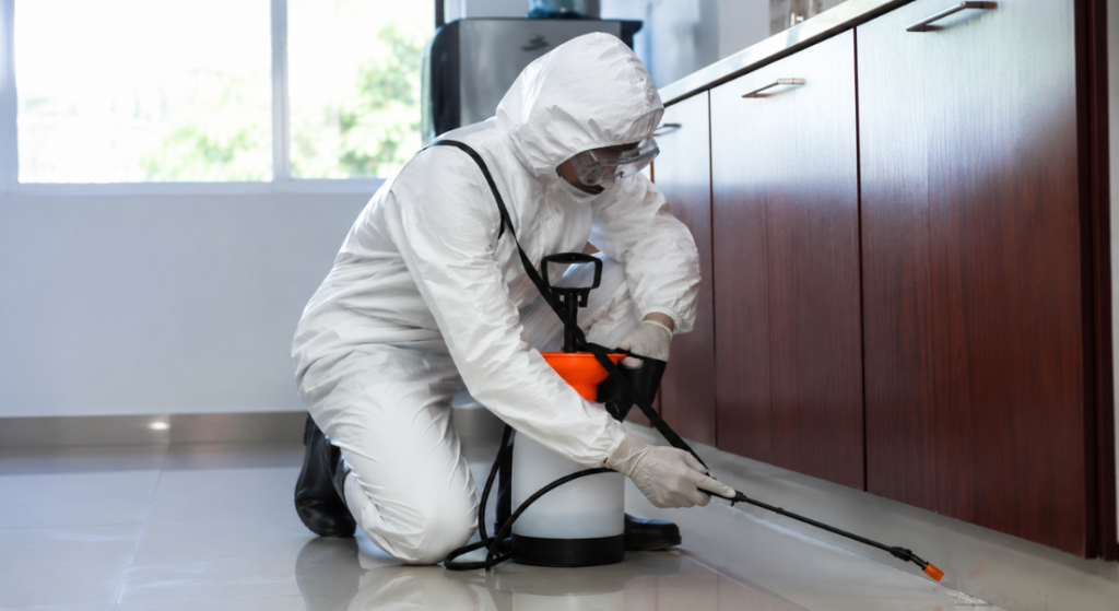 Professional pest control technician in protective gear applying targeted treatment along kitchen cabinet baseboards.