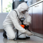 Professional pest control technician in protective gear applying targeted treatment along kitchen cabinet baseboards.
