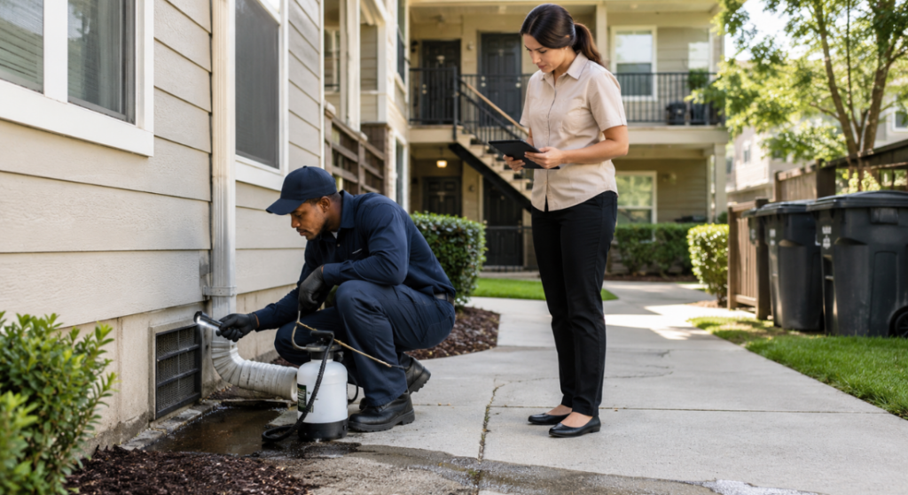Pest control technician inspecting and treating an apartment building exterior while a property manager records notes nearby.